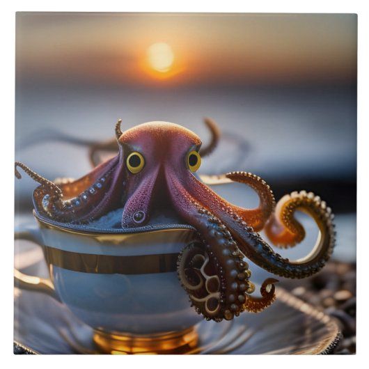  Cute tiny octopus in a teacup at sunrise Tegeltje (Voorkant)