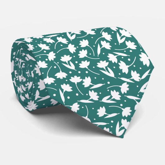 Cute tiny white flower pattern turquoise pattern stropdas (Opgerold)