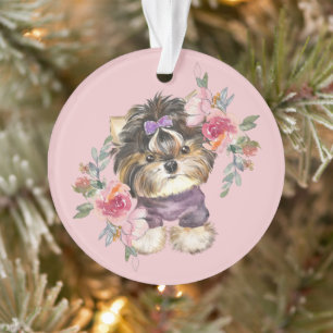 Cute Tiny Yorkie en Flowers Waterverf Art Ornament