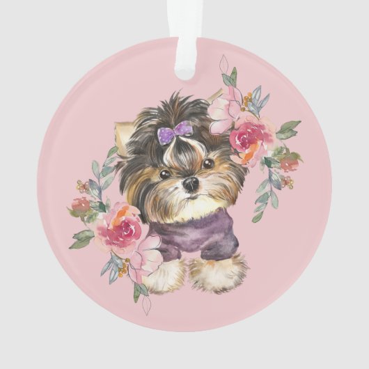 Cute Tiny Yorkie en Flowers Waterverf Art Ornament (achterkant)