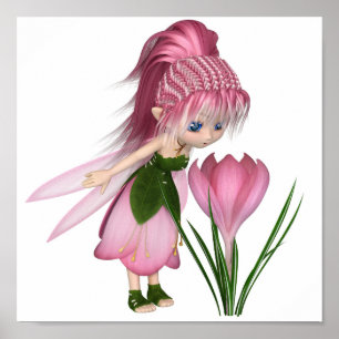 Cute Toon Pink Crocus Fairy, stand by a Flower Poster