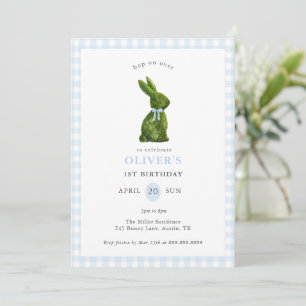 Cute Topiary Konijn blauwe Gingham Verjaardag  Kaart