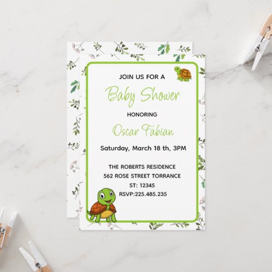 Cute Tortues minces baby shower invitation (Devant/Arrière en situation)