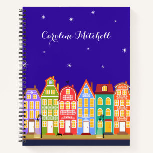 Cute Town Black Cat Cartoon Houses Spiral Notitieb Notitieboek