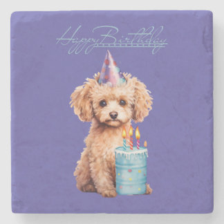 Cute Toy Poodle Birthday Cake Party Hat Watercolor Stenen Onderzetter