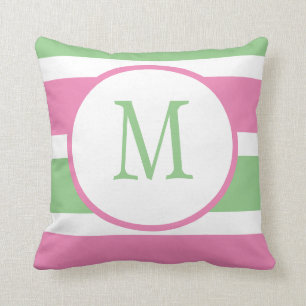 Cute Trendy Pink and Green Stripe Monogram Kussen