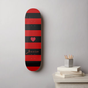 Cute Trendy Red Black Stripes Heart Persoonlijk Skateboard