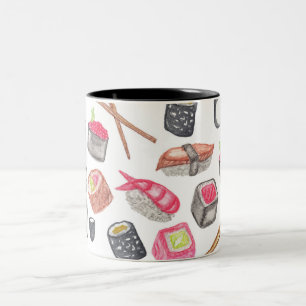 Cute Trendy Waterverf Sushi Sake en Chopsticks Tweekleurige Koffiemok