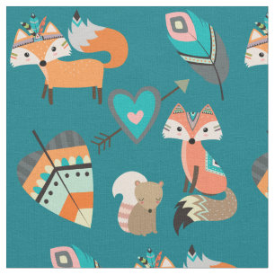 Cute Tribal Foxes on Blauwgroen Stof