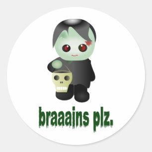 Cute Trick-or-Treating Zombie - "brain plz" Ronde Sticker