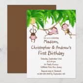 Cute Triplets Monkey Birthday Party Invitations Kaart (Voorkant / Achterkant)