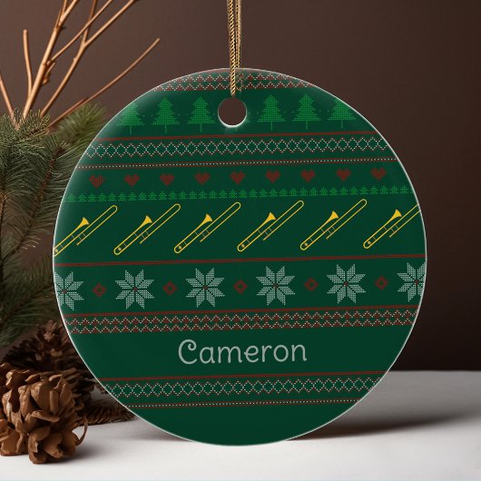 Cute Trombone Christmas Sweater Pattern Custom Keramisch Ornament