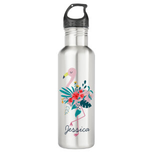 Cute Tropical Floral Flamingo Art, gepersonaliseer Waterfles