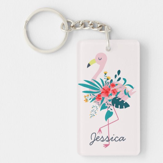 Cute Tropical Floral Flamingo Sleutelhanger (Voorkant)
