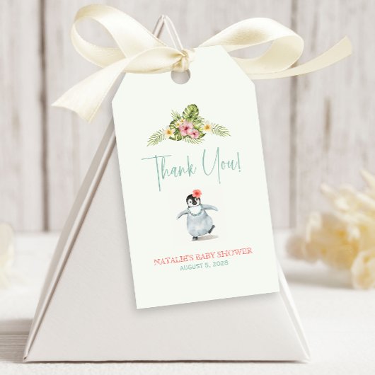 Cute Tropical Penguin Pink Baby shower Cadeaulabel