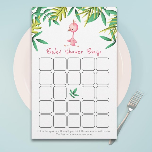 Cute Tropical Pink Flamingo Baby shower Bingo Kaar (Creator heeft geüpload)