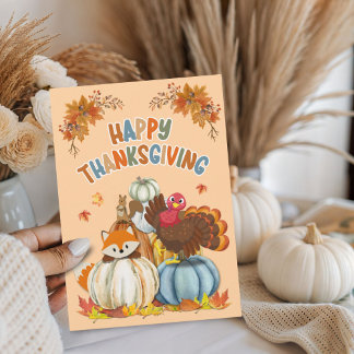 Cute Turkey and Retro Pumpkins Happy Thanksgiving  Feestdagen Kaart