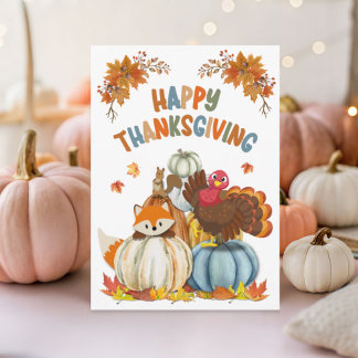 Cute Turkey and Retro Pumpkins Happy Thanksgiving Feestdagenkaart