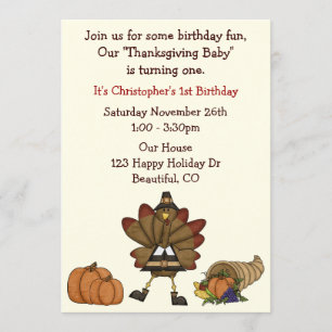 Cute Turkey Boy's Thanksgiving 1st Birthday Kaart