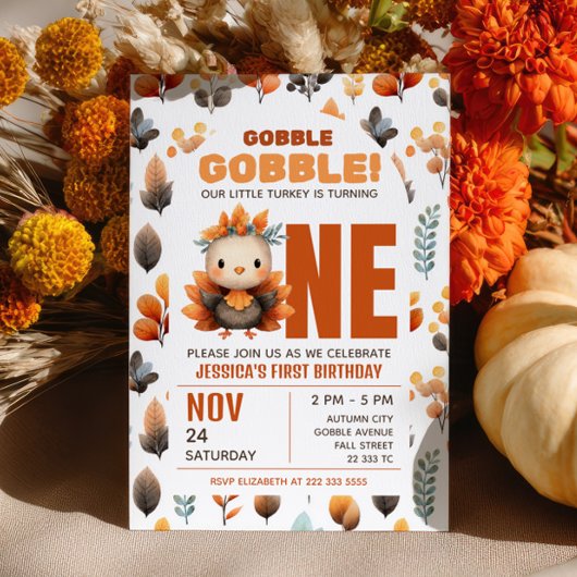 Cute Turkey Fall Foliage Thanksgiving 1st Birthday Kaart