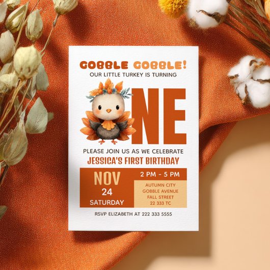 Cute Turkey Gobble Fall Thanksgiving 1st Birthday Kaart