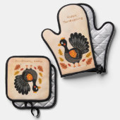 Cute Turkey Happy Thanksgiving Ovenwant & Pannenlap Set (Voorkant / Achterkant)