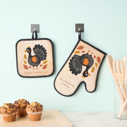 Cute Turkey Happy Thanksgiving Ovenwant & Pannenlap Set (Insitu(Ophanging))