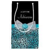 Cute Turquoise Cheetah Print Frilly Bow and Name Klein Cadeauzakje (Voorkant)