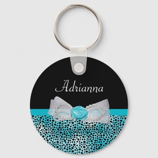 Cute Turquoise Cheetah Print Frilly Bow and Name Sleutelhanger (Voorkant)