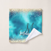 Cute turquoise gold faux glitter monogram bad handdoek (Wasdoekje)
