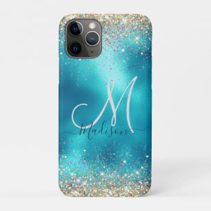 Cute turquoise gold faux glitter monogram iPhone 11 pro hoesje