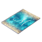 Cute turquoise gold faux glitter monogram notitieboek (Linkerzijde)
