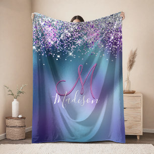Cute turquoise paarse faux glitter monogram fleece deken