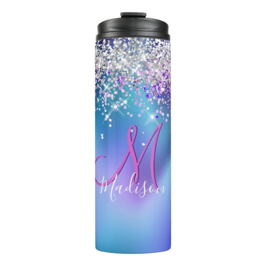 Cute turquoise paarse faux glitter monogram thermosbeker (Voorkant)