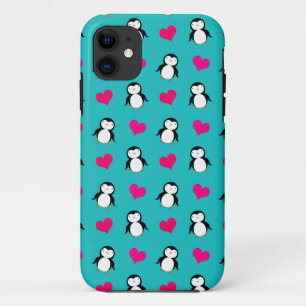Cute turquoise pguin harten patroon iPhone 11 hoesje