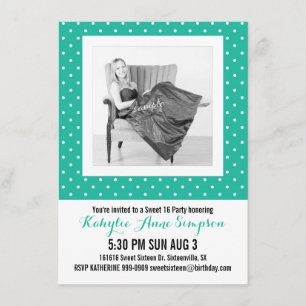 Cute Turquoise Polkadots Foto Sweet 16 Party Kaart