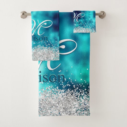 Cute turquoise Silfaux glitter monogram Bad Handdoek (Insitu)