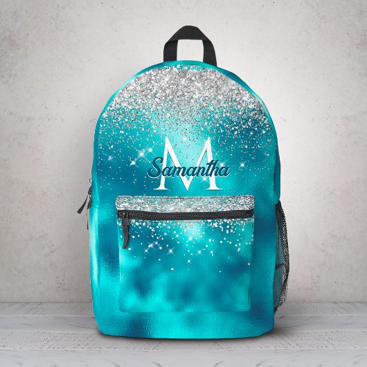 Cute turquoise Silfaux glitter monogram Bedrukte Rugzak