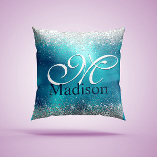 Cute turquoise Silfaux glitter monogram Kussen
