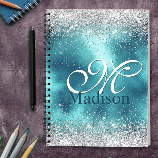 Cute turquoise Silfaux glitter monogram Notitieboek