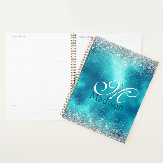 Cute turquoise Silfaux glitter monogram Planner (Display)