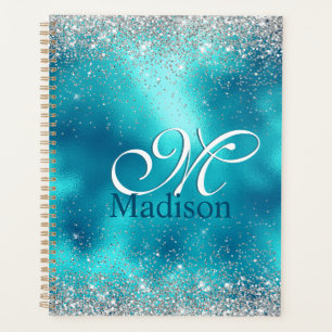 Cute turquoise Silfaux glitter monogram Planner