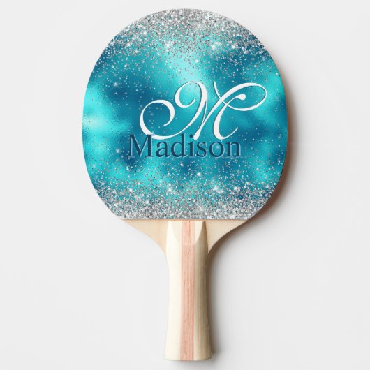 Cute turquoise Silfaux glitter monogram Tafeltennisbatje (Voorkant)