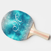 Cute turquoise Silfaux glitter monogram Tafeltennisbatje (Zijkant)