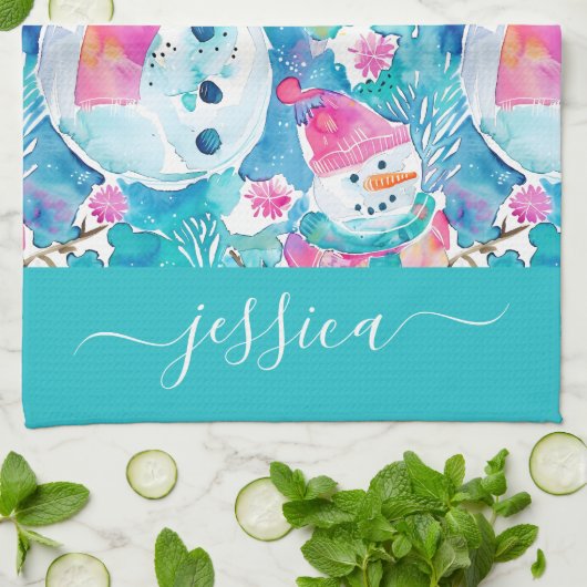 Cute turquoise snowmen script name theedoek (Gevouwen)