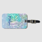Cute Turquoise unicorn faux glitter monogram Bagagelabel (Voorkant (horizontaal))