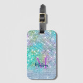 Cute Turquoise unicorn faux glitter monogram Bagagelabel (Voorkant (verticaal))