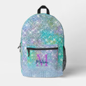 Cute Turquoise unicorn faux glitter monogram Bedrukte Rugzak (Voorkant)