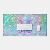 Cute Turquoise unicorn faux glitter monogram Bureaumat (Keyboard & Muis)