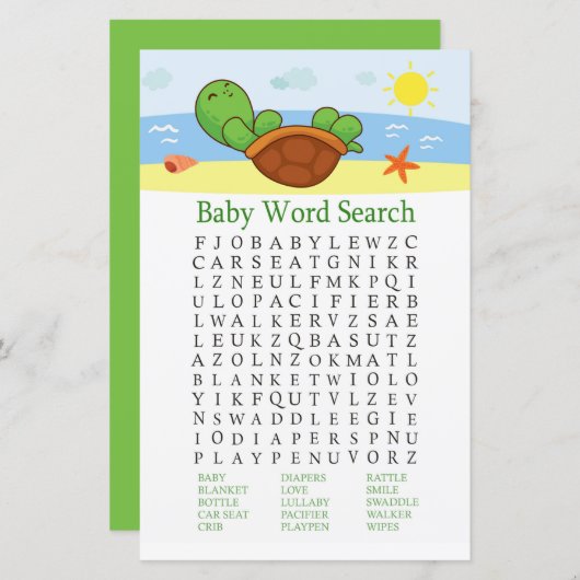 Cute Turtle Baby shower Word Search Game (Voorkant / Achterkant)